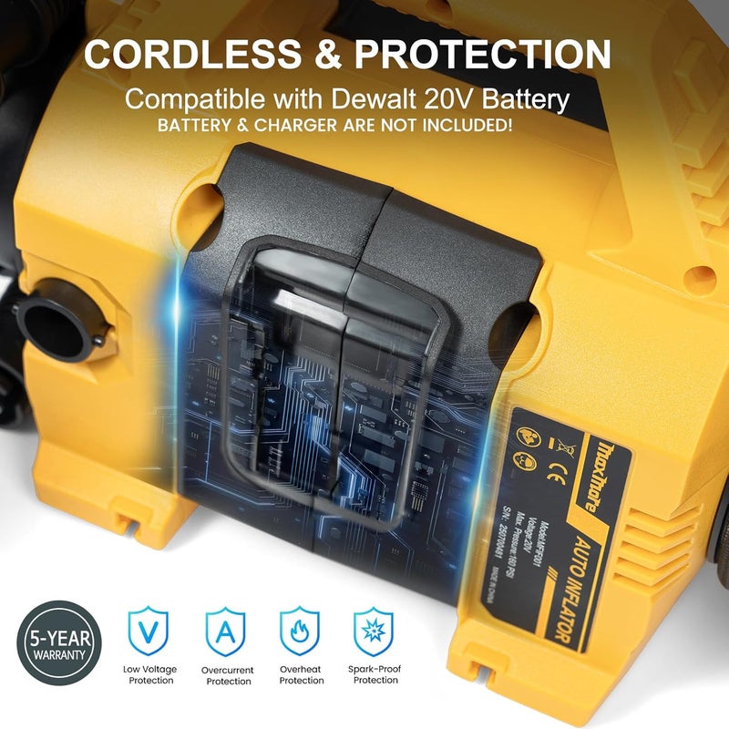 MaxMore Portable Tire Inflator/deflator Compatible with DeWalt 20V Battery (Tool Only),160 PSI High Pressure Cordless Air Compressor Pump, Digital Gauge, Auto Shut-Off, LED Light for Car, Bike, Balls - Image 2
